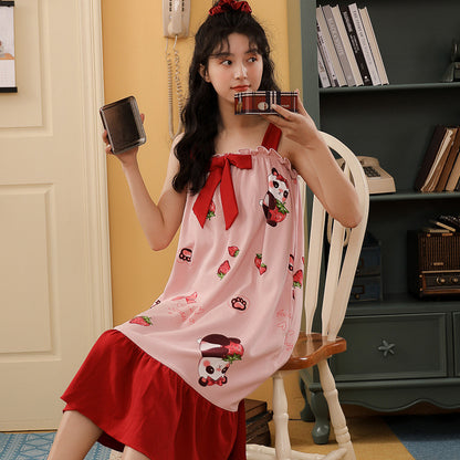 Summer cool suspender nightdress cute and sweet mid-length style with chest pad princess style students can wear home clothes