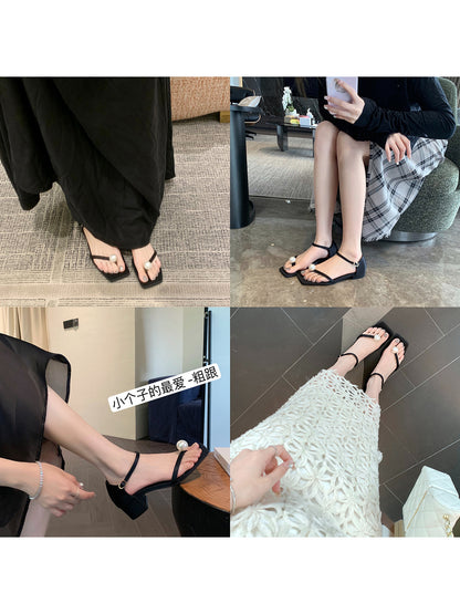 葡萄妈studiolee 简约方头珍珠夹趾高跟鞋一字扣带小粗跟凉鞋女