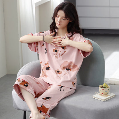 Pajamas women's summer short-sleeved cropped pants dignified and comfortable cotton large size pajamas pullover mother can wear home clothes
