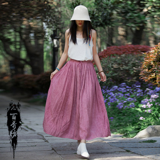 Design sense skirt 2023 new autumn and winter sweet skirt big swing literary cotton linen tie-dye skirt 