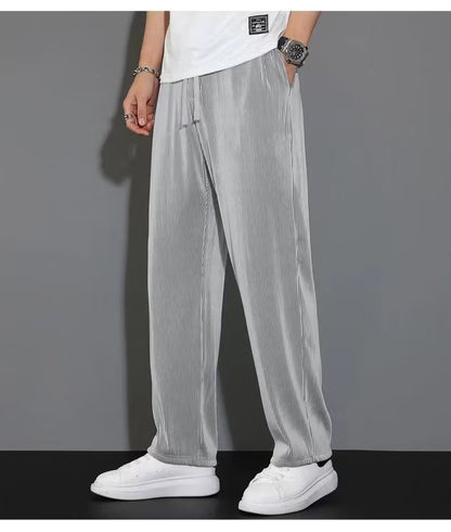 Summer drape ice silk pants men's thin section straight loose casual sports pants striped quick-drying wide-leg trousers men's tide 
