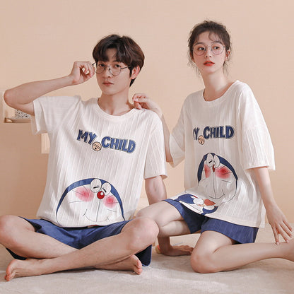 Summer couple pajamas female cute pullover short-sleeved knitted cotton casual men's shorts suit can be worn outside home clothes