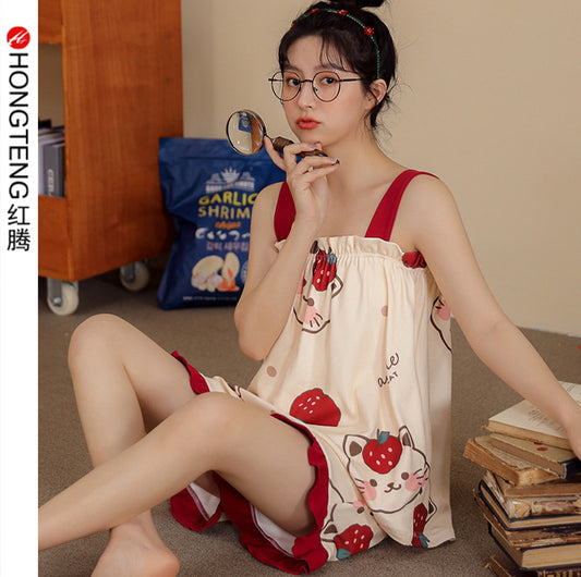 2023 cool summer with chest pad pajamas women's college style sleeveless suspenders pure cotton shorts suit home clothes women