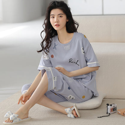 新款纯棉睡衣女夏季短袖七分裤韩版休闲夏天薄款可外穿家居服套装