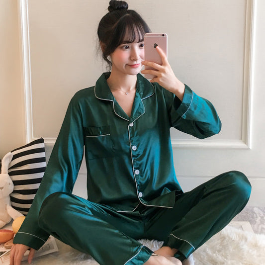 Spot wholesale imitation silk double long pajamas women's spring and autumn thin section plus fat size sweet silk casual home service 
