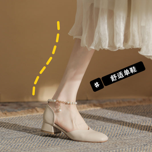 Women's 2024 summer new style all-match fairy style pearl French style mid-heel thick-heeled Mary Jane shoes 
