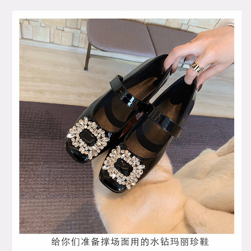 【sheii苏茵茵】梦中华尔兹~黑色方头水钻粗跟玛丽珍单鞋女平底鞋