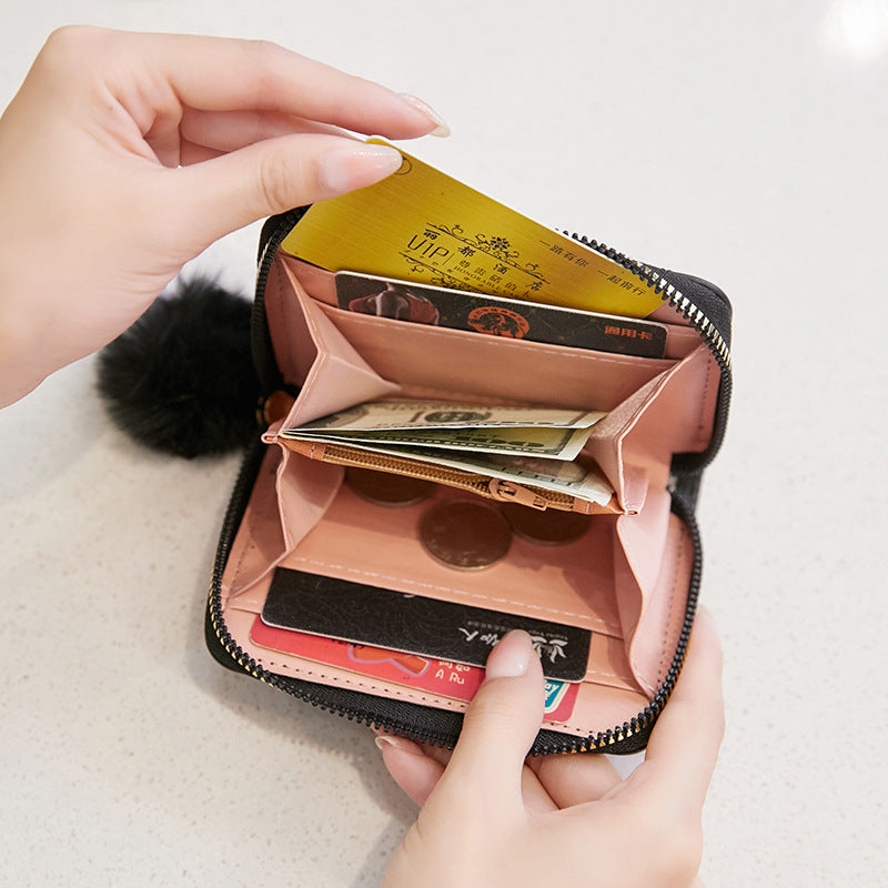 潮流波浪绣花女钱包female a wallet 短款毛球零钱包卡包外贸批发