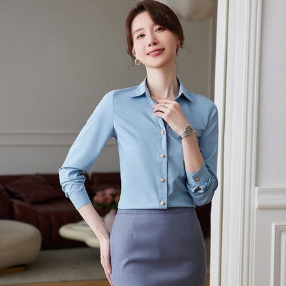 蓝色衬衫女套装春秋季长袖职业正装2023新款白衬衣酒店前台工作装