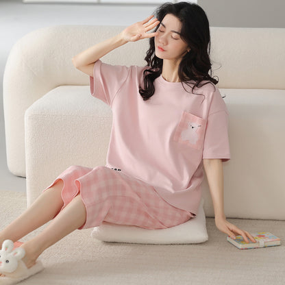 新款纯棉睡衣女夏季短袖七分裤韩版休闲夏天薄款可外穿家居服套装