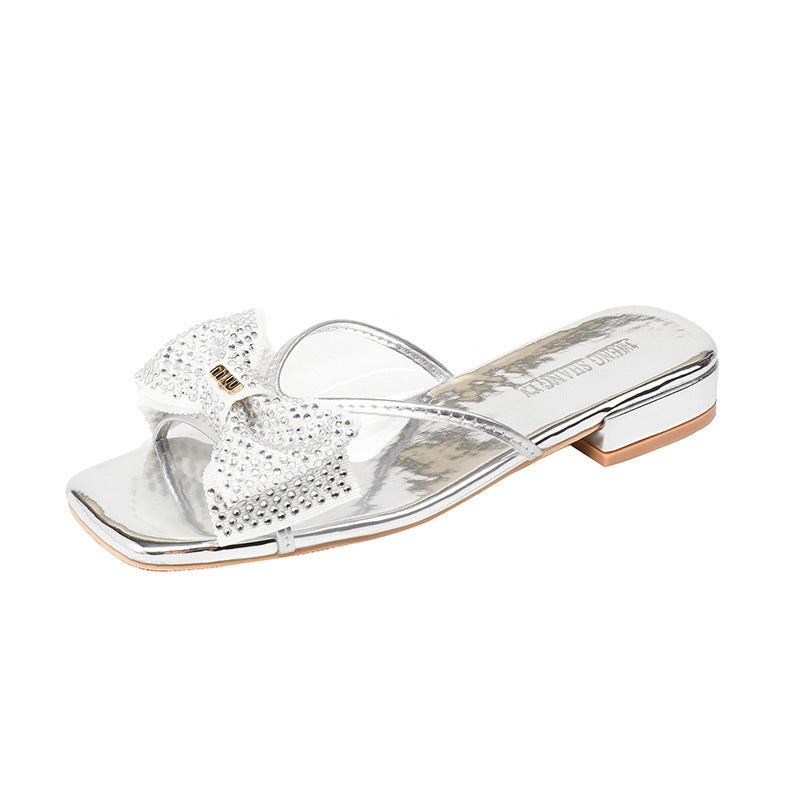 [sheii Su Yinyin] Spot square head transparent pvc rhinestone bow 2023 summer thick heel slippers female sandals 