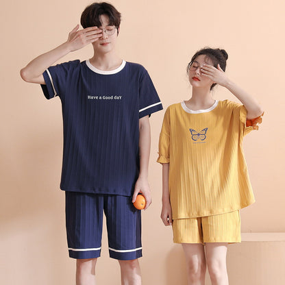 Summer couple pajamas female cute pullover short-sleeved knitted cotton casual men's shorts suit can be worn outside home clothes