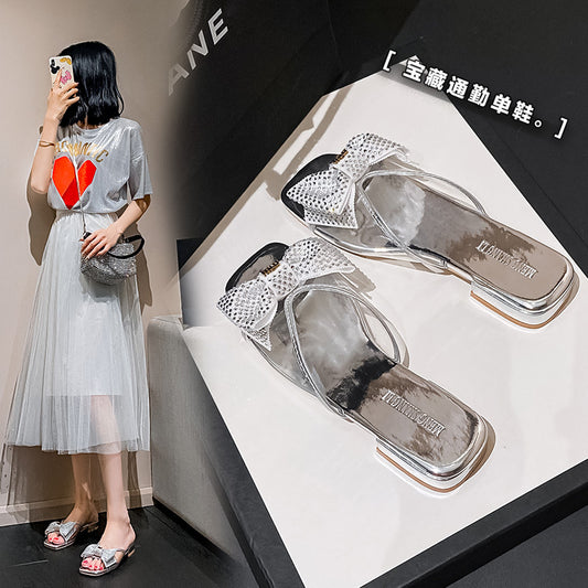 [sheii Su Yinyin] Spot square head transparent pvc rhinestone bow 2023 summer thick heel slippers female sandals 