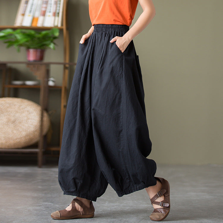 23 spring and summer cotton and linen women's new products sand-washed linen bloomers women's elastic waist loose casual pants nine-point pants 