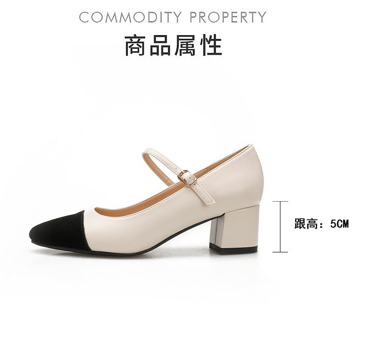 法式粗跟玛丽珍女鞋新版小方头真皮拼色中跟浅口鞋舒适休闲单鞋潮