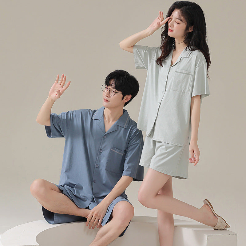 夏季纯色情侣睡衣简约翻领莫代尔开衫短袖短裤高级ins家居服套装