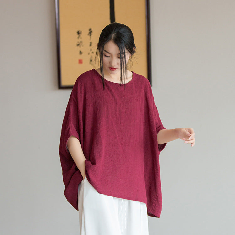 23 spring and summer cotton and linen women's new design sense of bamboo linen light and artistic loose bat sleeve women's sunscreen T-shirt 