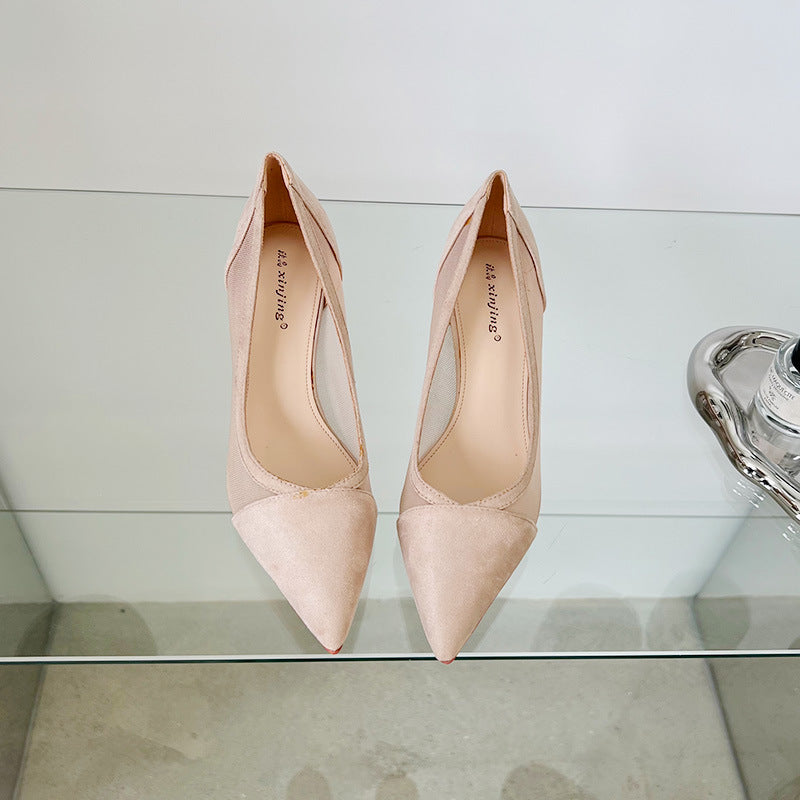 100-2 breathable mesh lace slip-on shoes European and American pointed toe fashion women's shoes simple Baotou high heels 
