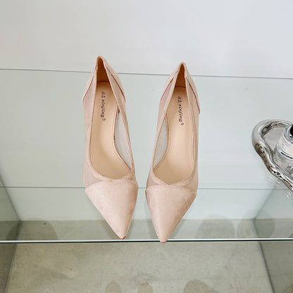 100-2 breathable mesh lace slip-on shoes European and American pointed toe fashion women's shoes simple Baotou high heels 