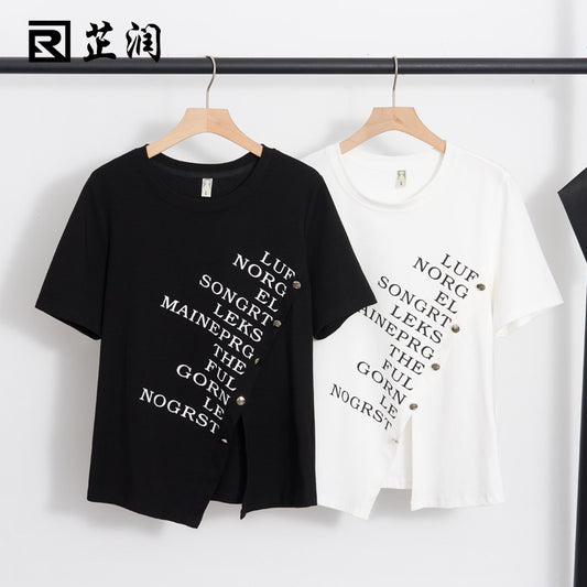 Zhirun large size women's fat mm careful machine slit T-shirt casual all-match short-sleeved round neck top 2023 summer 18336 