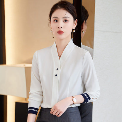 白衬衫女长袖V领打底衫2023新款正装工装工作服大码职业衬衣女ol
