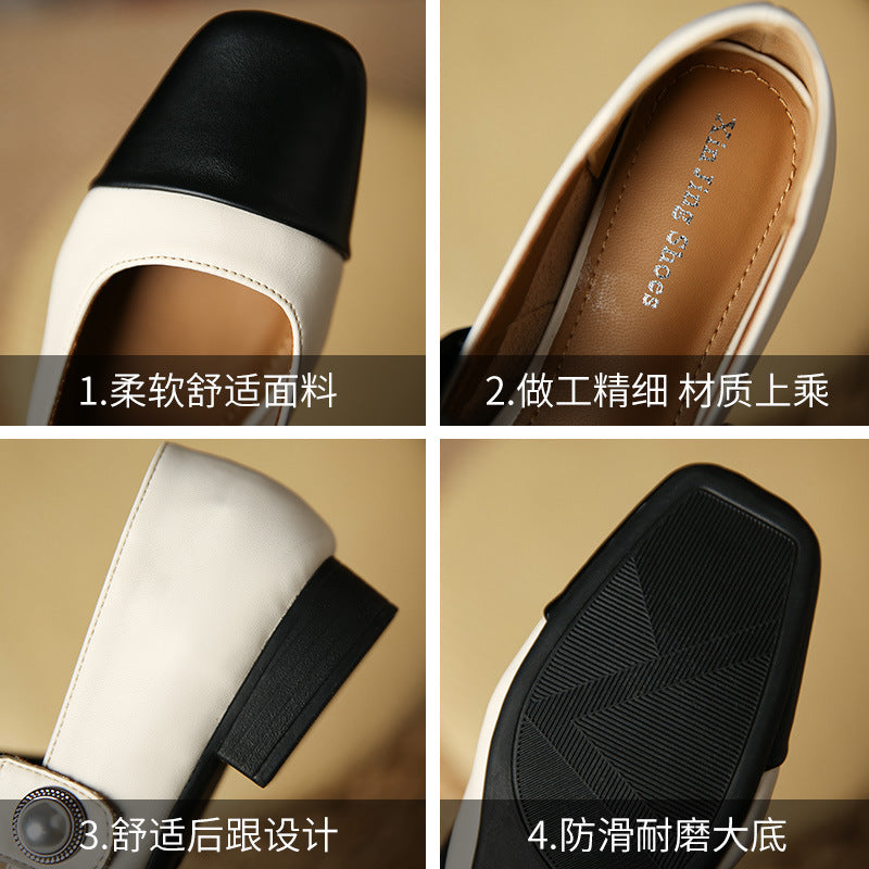 TX33-5方头平底玛丽珍鞋低跟浅口珍珠搭扣单鞋女拼色一字带女鞋