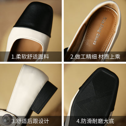 TX33-5方头平底玛丽珍鞋低跟浅口珍珠搭扣单鞋女拼色一字带女鞋