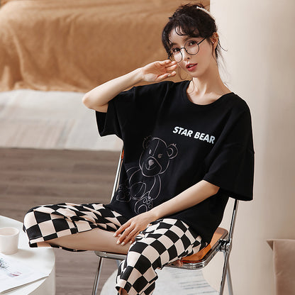 Pajamas women's summer short-sleeved cropped pants dignified and comfortable cotton large size pajamas pullover mother can wear home clothes