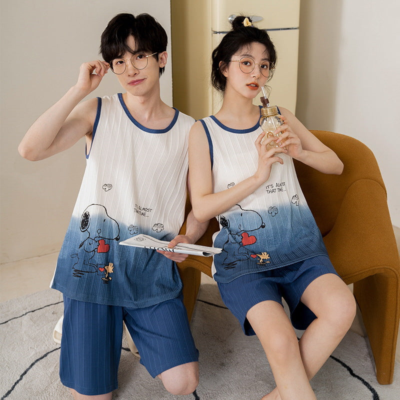 [Strictly Selected] Summer Knitted Cotton Couple Pajamas Women's Vest Shorts Thin Section Casual Men's and Women's Homewear Set