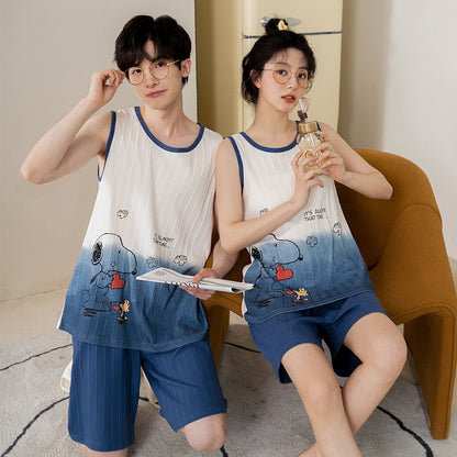 [Strictly Selected] Summer Knitted Cotton Couple Pajamas Women's Vest Shorts Thin Section Casual Men's and Women's Homewear Set