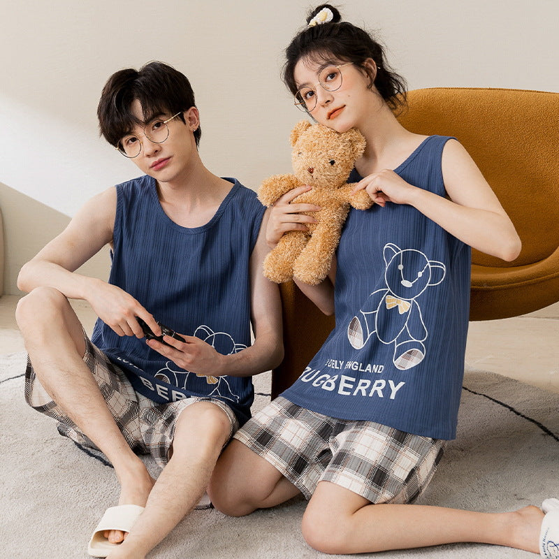 [Strictly Selected] Summer Knitted Cotton Couple Pajamas Women's Vest Shorts Thin Section Casual Men's and Women's Homewear Set
