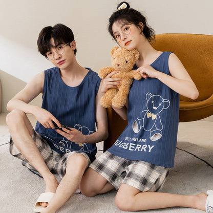 [Strictly Selected] Summer Knitted Cotton Couple Pajamas Women's Vest Shorts Thin Section Casual Men's and Women's Homewear Set