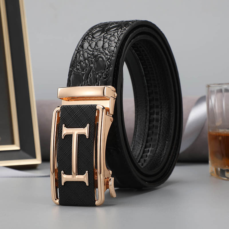 Belt men's genuine leather automatic buckle crocodile pattern business leisure belt men's young and middle-aged trendy trousers spot wholesale 