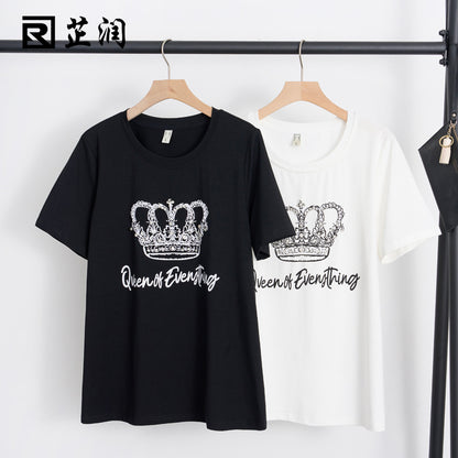 Large size women's summer new loose casual heavy industry ironing diamond printing round neck slightly fat and thin T-shirt top 18125 