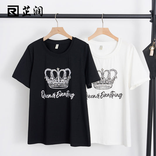 Large size women's summer new loose casual heavy industry ironing diamond printing round neck slightly fat and thin T-shirt top 18125 