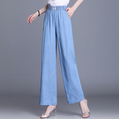 【6030】Summer New Ladies Tencel Trousers Blue High Waist Casual Wide Leg Pants Look Thin Pants 