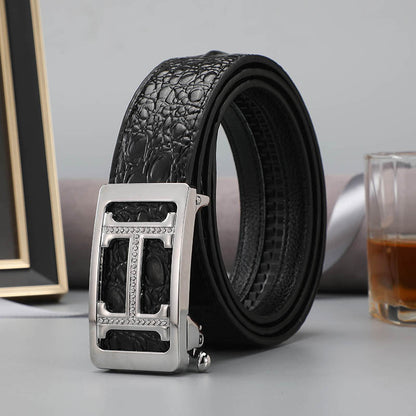 Belt men's genuine leather automatic buckle crocodile pattern business leisure belt men's young and middle-aged trendy trousers spot wholesale 