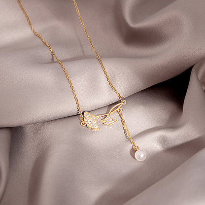 Douyin Explosive Titanium Steel Necklace Light Luxury Micro-inlaid Longevity Lock Maple Leaf Jade Gourd Turnable Windmill Pendant Clavicle Chain 