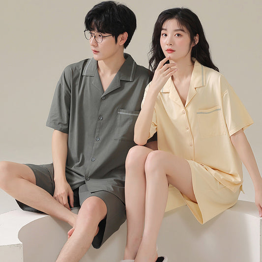 Summer solid color couple pajamas simple lapel modal cardigan short-sleeved shorts advanced ins home service suit