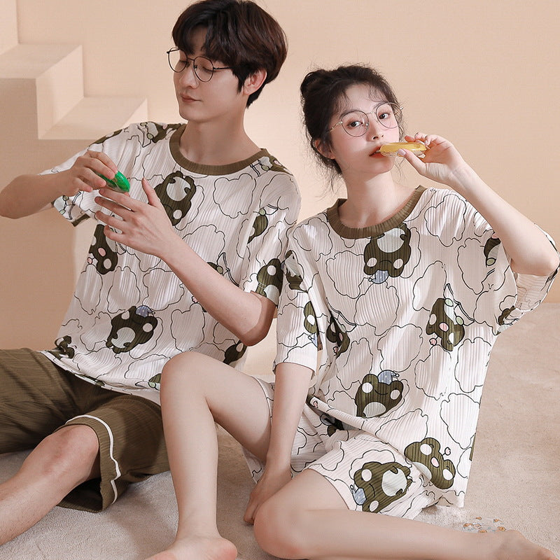Summer couple pajamas female cute pullover short-sleeved knitted cotton casual men's shorts suit can be worn outside home clothes