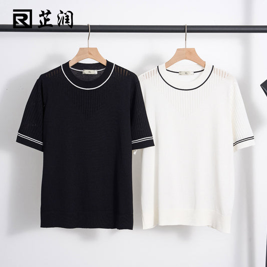 Large size women's round neck color contrast loose and thin sweater 2023 summer new fat mm short-sleeved t-shirt female 18025 