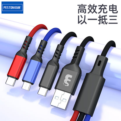 佰通X11一拖三快充数据线适用iPhone安卓Type-C金属3合1充电线