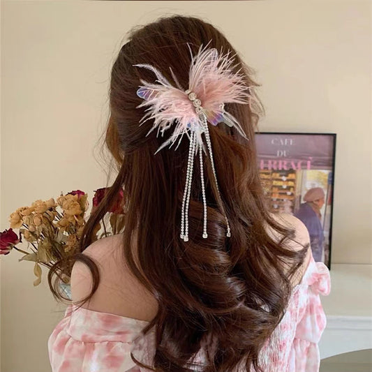 Hairpin net red 2023 new hairpin feather tassel super fairy design sense plate hair clip headdress hairpin female 