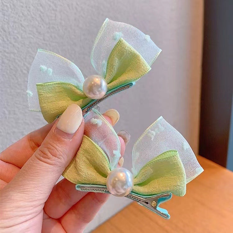Korean version of pearl three-dimensional bow rabbit ears baby pair clip small fresh seersucker children's hair clip cute headdress 