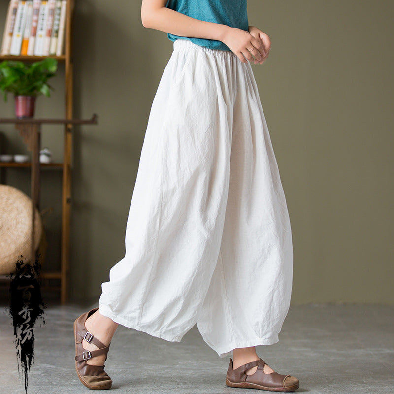 23 spring and summer cotton and linen women's new products sand-washed linen bloomers women's elastic waist loose casual pants nine-point pants 