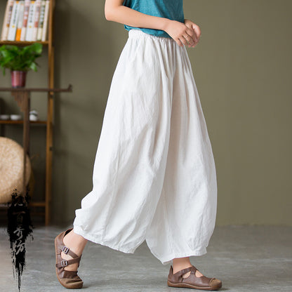 23 spring and summer cotton and linen women's new products sand-washed linen bloomers women's elastic waist loose casual pants nine-point pants 