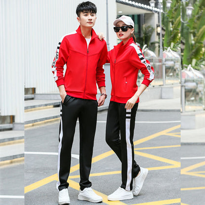 Spring and autumn lovers sports suit male youth stand-up collar sportswear female running group activities school uniform factory direct sales 