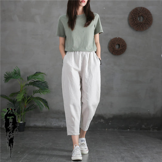 23 spring and summer new products Nian Baixiu spinning Zen cotton linen women's literary and artistic national style casual pants cotton and linen cropped pants radish pants 