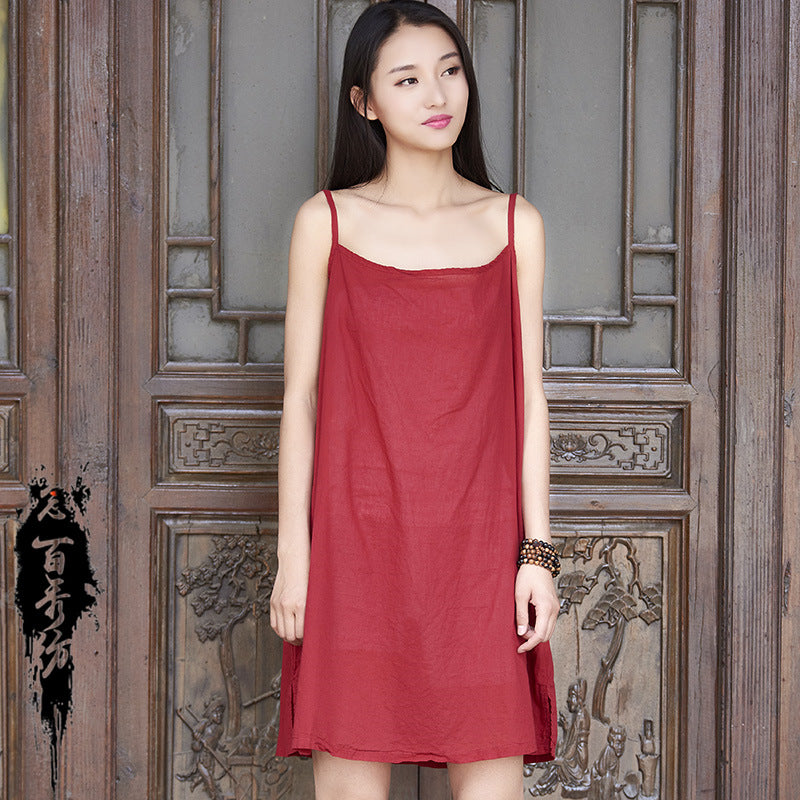 23 spring and summer cotton and linen women's new products Nianbaixiu spinning retro light breathable sweat-absorbing women's suspender dress skirt 