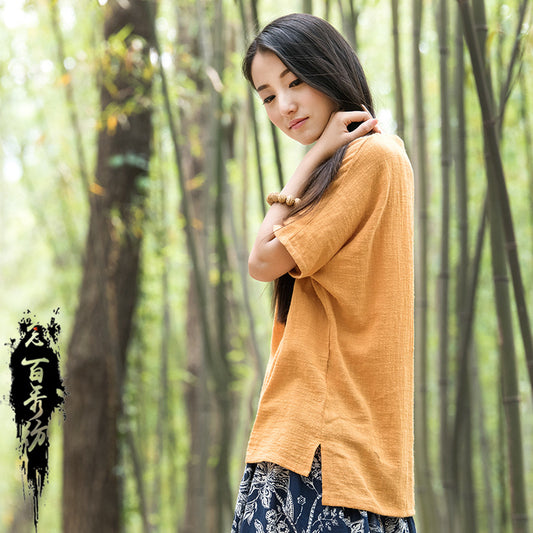 23 cotton and linen women's spring and summer new products Nian Baixiu spinning Zen style short front and back long tea service literary and artistic simple short-sleeved T-shirt 